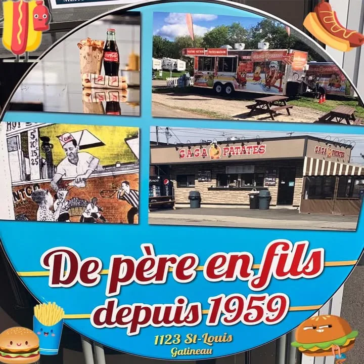 Photo-montage affiché sur la page Facebook : la cantine/casse-croûte, un ancien camion de cassonade/food truck, et une image rétro, avec le texte « De père en fils depuis 1959 »